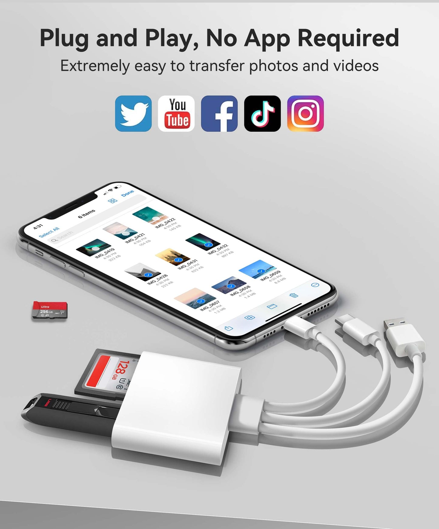 AkHolz SD Card Reader for iPhone iPad Mac Trail Game Camera Viewer Built-in 3-in-1 Connector (Lightening, USB-C and USB-A) with SD MicroSD USB-A 3 Slots, Portable No App Required Plug & Play - White