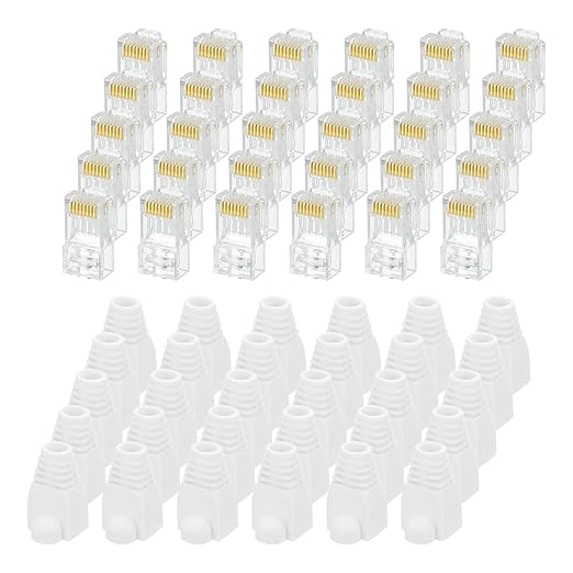 MECCANIXITY 100pcs Cat6 RJ45 Pass Through Connectors, RJ45 Connector 8P8C Gold Plated Plugs with 100pcs White Strain Relief Boots for Solid or Stranded UTP Ethernet Cable, 1.1mm