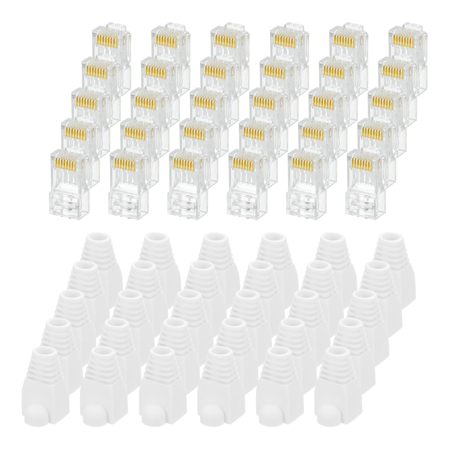 MECCANIXITY 60pcs Cat6 RJ45 Pass Through Connectors, RJ45 Connector 8P8C Gold Plated Plugs with 60pcs White Strain Relief Boots for Solid or Stranded UTP Ethernet Cable, 1.1mm