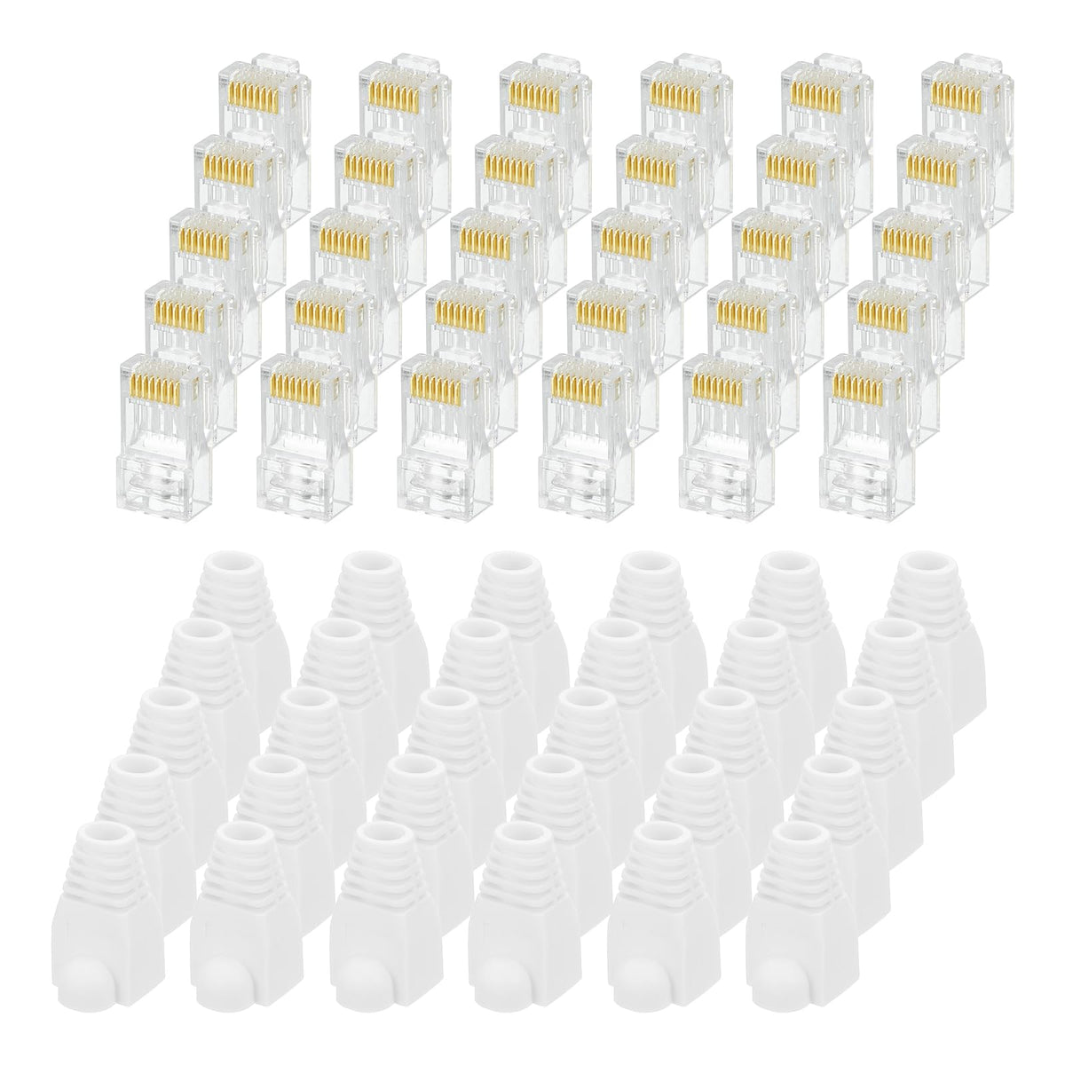 MECCANIXITY 30pcs Cat6 RJ45 Pass Through Connectors, RJ45 Connector 8P8C Gold Plated Plugs with 30pcs White Strain Relief Boots for Solid or Stranded UTP Ethernet Cable, 1.1mm