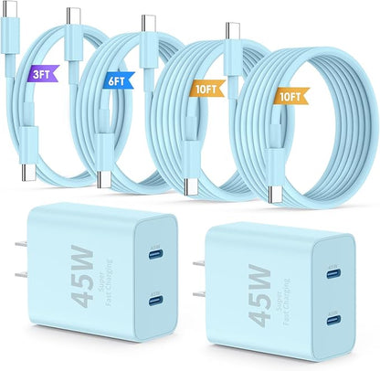 iPhone 16 15 Pro Max Charger Fast Charging,45W Dual Port USB C Fast Charger Block [2-Pack] & Extra Long 60W 3/6/10/10FT USB C Cable - PD Quick Adapter 3.0 for iPhone 16 15/16 15Pro/16 15 Plus.