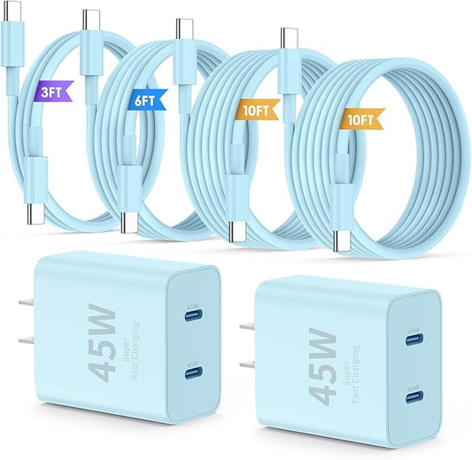 iPhone 16 15 Pro Max Charger Fast Charging,45W Dual Port USB C Fast Charger Block [2-Pack] & Extra Long 60W 3/6/10/10FT USB C Cable - PD Quick Adapter 3.0 for iPhone 16 15/16 15Pro/16 15 Plus.
