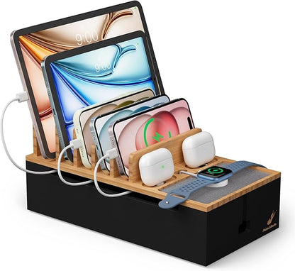 Pezin & Hulin Cord Organizer Box, Surge Protector Organizer, Device Charger Station for Phones & Tablets, Wood Charging Dock -with 6 Wire Cables, BUT NO Power Supply - Natural + Black