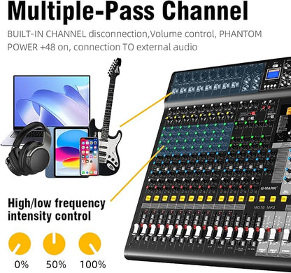 Audio Mixer Bluetooth G-MARK Professional Mixer Usb Interface Sound Board Console System 16 Channel Digital MP3 Computer Input 48V Phantom Power Stereo DJ 24-Bit SPX Effects Mixing Console
