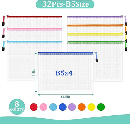 32pcs Mesh Zipper Pouch Bags, B5 Mesh Pouch, 8 Color Zipper Pouches for Organizing, Board Game Storage, Travel, School, Office