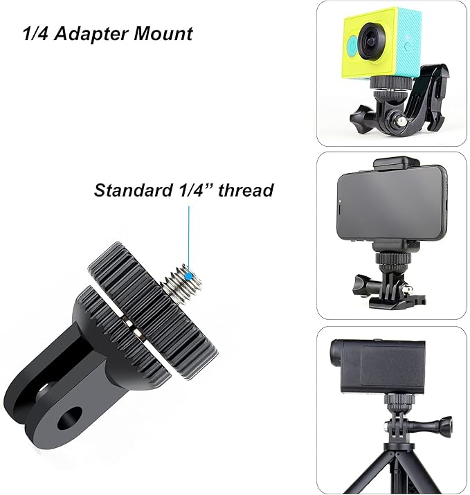 SOONSUN Tripod Mount Kit with 1/4"-20 Conversion Adapter and Cold Shoe Mount with 1/4" Thread, Compatible with GoPro Hero 13 12 11 10 9 8 7 6 5, DJI Osmo, AKASO, SJCAM, Insta360, DSLR Cameras