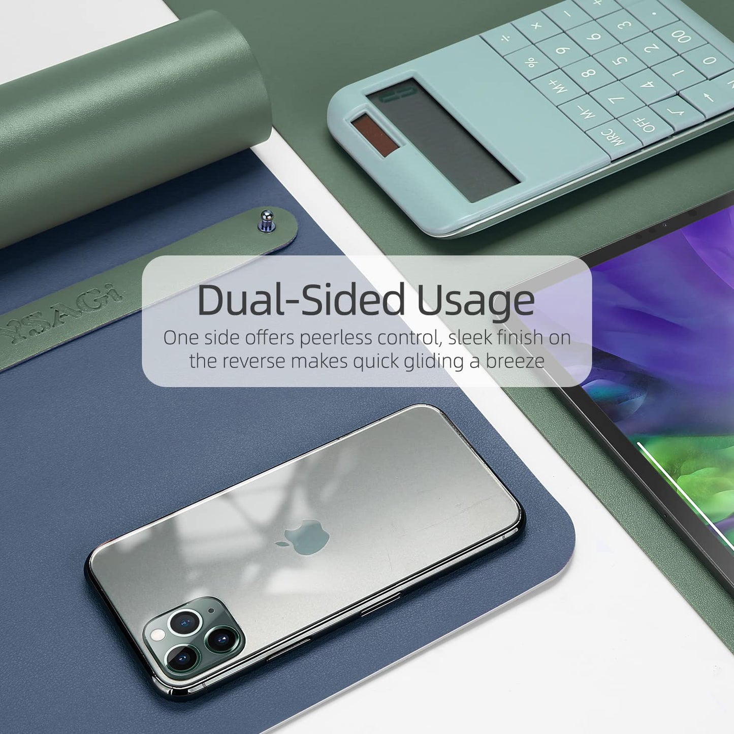YSAGI Dual-Sided Desk Pad Protector, 31.5" x 15.7" Desk Mat with Non-Slip - Waterproof PU Leather Office Desk Blotter for Mouse, Keyboard, Writing, Dark Green+Dark Blue