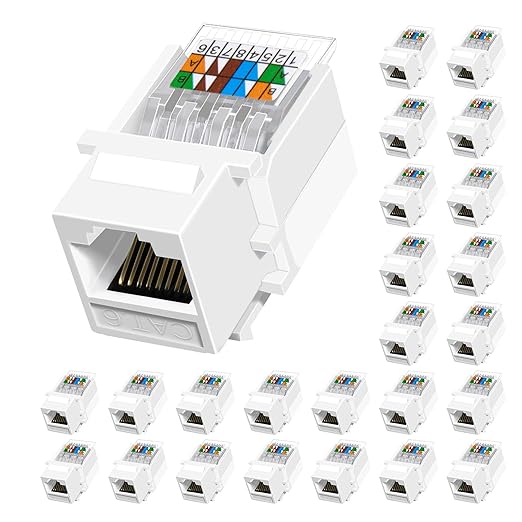 NataLink Cat6 RJ45 Keystone Jacks Toolless 25-Pack, Female RJ45 Connectors, Ethernet Keystone Jack No Punch-Down Tool Required Module Coupler (Not for Patch Panel),White