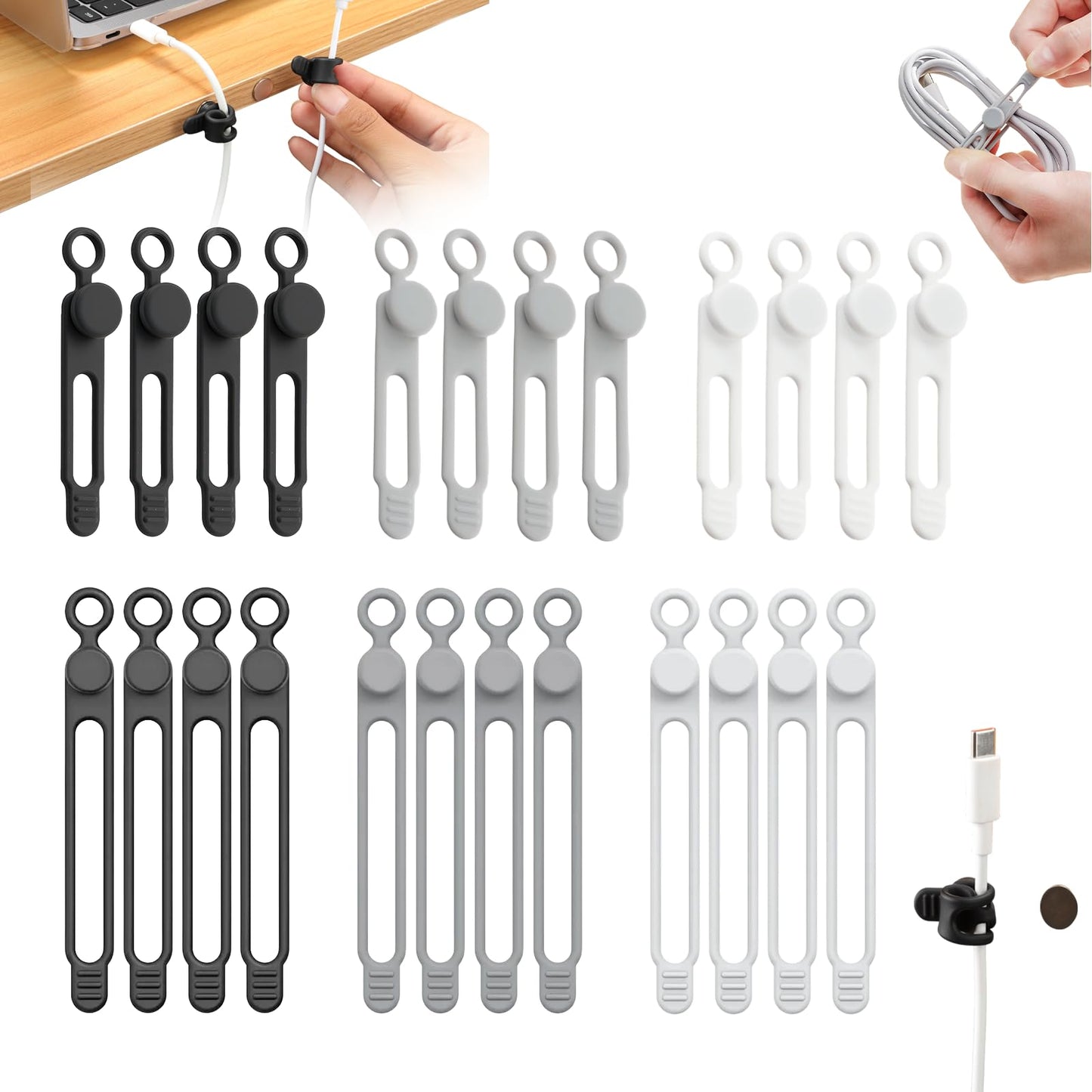 24pcs Silicone Cable Ties, Magnetic Data Cable Organizers Reusable Cable Ties Wire Organizer Adjustable Fastening Cable Straps Magnetic Silicone Cable Straps Cord Organizer for Bundling Earphone