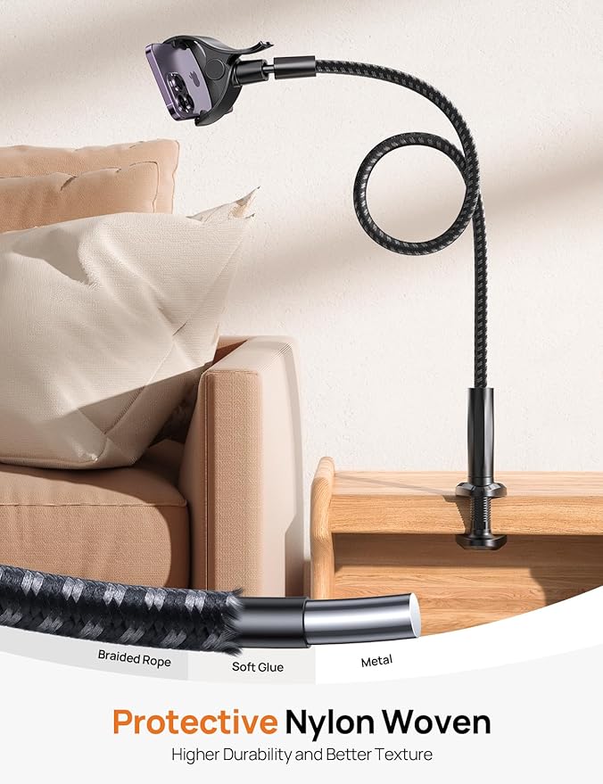 Gooseneck Phone Holder for Bed - [2025 Upgrade Nylon Braid] 38” Long Flexible Lazy Arm Clip, 360 Adjustable Overhead Phone Mount for iPhone 15 14 13 12 11 Pro Max Mini Plus, all 4-7" Cellphone