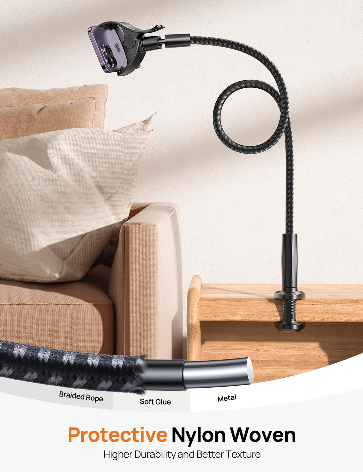 Aomiker Gooseneck Phone Holder for Bed - [Unique Nylon Braid] 38” Long Flexible Lazy Arm Clip, 360 Adjustable Overhead Phone Mount for iPhone 15 14 13 12 11 Pro Max Mini Plus, All 4-7" Cellphone