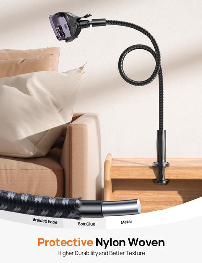 Aomiker Gooseneck Phone Holder for Bed - [Unique Nylon Braid] 38” Long Flexible Lazy Arm Clip, 360 Adjustable Overhead Phone Mount for iPhone 15 14 13 12 11 Pro Max Mini Plus, All 4-7" Cellphone