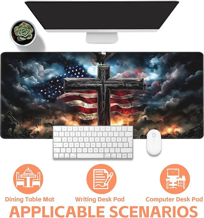 Mouse Pad Large A Cross with an Eagle Non-Slip Game Desk Mat with Stitched Edge Laptop Keyboard Desk Pad for Work Home Gaming (35.4 x 15.7 Inches)