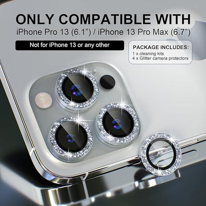 Choiche [3+1 for iPhone 13 Pro/iPhone 13 Pro Max Camera Lens Protector Bling, 9H Tempered Glass Camera Cover Screen Protector Metal Ring Decoration Accessories (Glitter-Silver)
