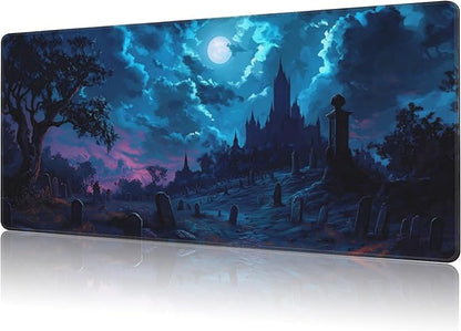 Mouse Pad Large Gothic Graveyard Non-Slip Game Desk Mat with Stitched Edge Laptop Keyboard Desk Pad for Work Home Gaming (35.4 x 15.7 Inches)
