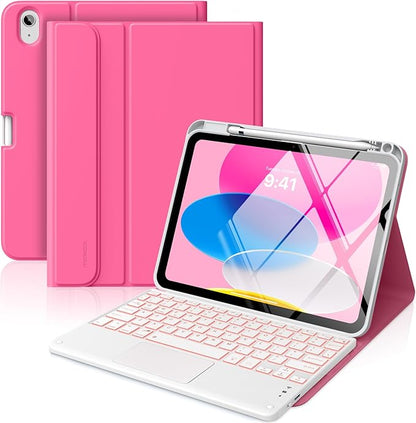 MoKo Touch Keyboard Case for iPad (A16) 11th Generation 11 inch 2025, iPad 10th Generation 10.9 inch Case with Pencil Holder, 7 Colors Backlit Multi-TrackPad Detachable Bluetooth Keyboard,Persian Pink