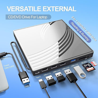 External CD/DVD Drive for Laptop, Ultra Slim CD Burner USB 3.0 Hub with 4 USB Ports, 2 TF/SD Card Slots,1 Type-C Port,DVD Player for Laptop Compatible with mac OS/Windows/Linux (Silver)