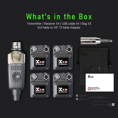 Xvive U4R4 Wireless in-Ear Monitor System Professional IEM System,1 Transmitter and 4 Beltpack Receiver for Studio, Band Rehearsal,Live Performance(U4R4)