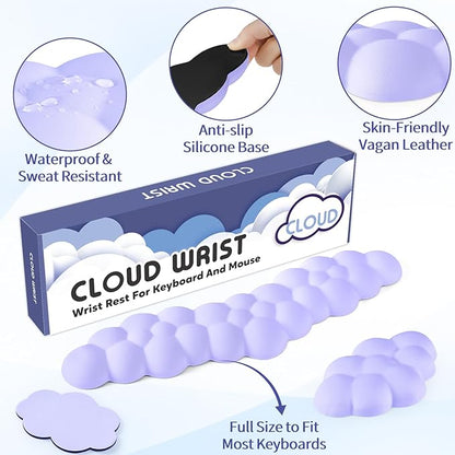 Cloud Wrist Rest for Keyboard and Mouse, Memory Foam PU Leather Keyboard Wrist Rest with Ergonomic Support, Non-Slip Base, Cute Arm Rest Pad & Palm Cushion, Office Desk Accessory, Purple