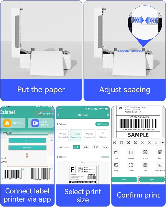 Bluetooth Thermal Label Printer, Wireless 4x6 Shipping Label Printer for Small Business & Shipping Package Compatible with Android, iOS, Windows & Mac, Used for Amazon, Ebay, Shopify, USPS Etc