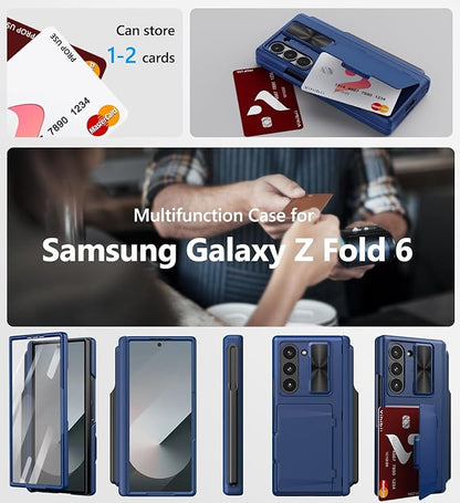 Vihibii for Samsung Galaxy Z Fold 6 Case Wallet with S Pen Holder & Card Holder & Slide Lens Cover & Screen Protector & Hinge Protection, Durable Rugged Protective Phone Case for Galaxy Z Fold6, Blue