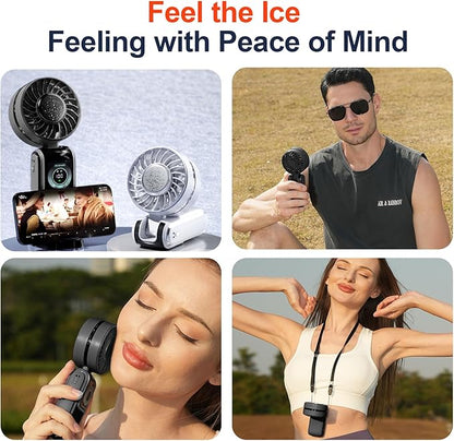 Blows Cold Air Portable Handheld Fan with Stand & Lanyard, 5000mAh USB-C Rechargeable Battery, 12H/5-Speed LED Display Mini Fan for Travel Beach Cruise Concerts Outdoor Events(Black)