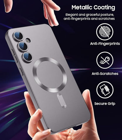 Magnetic for Samsung Galaxy S24 FE Case [Compatible with MagSafe][Built-in Camera Lens Protector] Slim Soft Silicone Bumper Shockproof Metallic Luster Phone Cover (Titanium Gray)