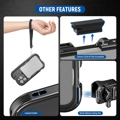 NEEWER 16 Pro Cage, Quick Release Video Rig Phone Stabilizer Compatible with iPhone 16 Pro with 67mm Filter Adapter, 17mm Lens Backplate, T Mount Lens Adapter Compatible with Moment, PA073