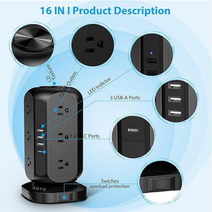 Long Extension Cord 15 ft Power Strip Tower, Surge Protector 12 AC Outlets 4 USB(1 USB C) Ports, Charging Tower Overload Protection with Multiple Outlets for Home Office
