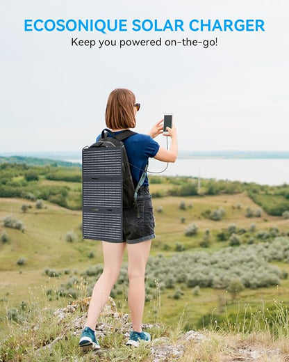 Ecosonique 30W Portable Solar Charger Foldable Solar Panels with USB C USB A ETFE Waterproof for Camping Backpacking Compatible with Cell Phone, iPhone, iPad, Samsung Galaxy, LG, Power Banks