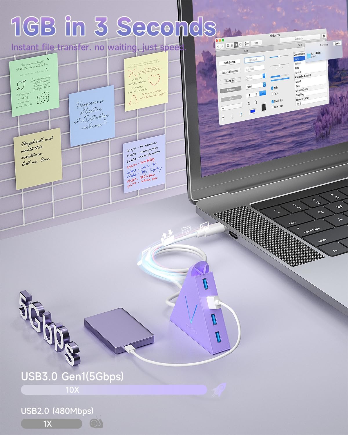 JoyReken USB C Hub, USB Type C to 4-Port USB 3.0 Adapter for MacBook, Surface, Laptop, Flash Drive, Mouse, Keyboard, HDD (2ft, Light Purple)