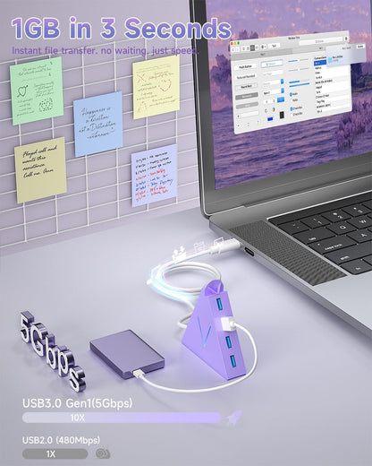 JoyReken USB C Hub, USB Type C to 4-Port USB 3.0 Adapter for MacBook, Surface, Laptop, Flash Drive, Mouse, Keyboard, HDD (2ft, Light Purple)