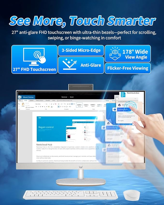 HP 27" All-in-One Desktop Computer - FHD Touchscreen | Intel Ultra 7‑155U | AI‑Enhanced Display, Facial Login | Privacy Pop‑Up Camera | Win 11 Pro, w/Accessories | 64GB DDR5 + 4TB SSD