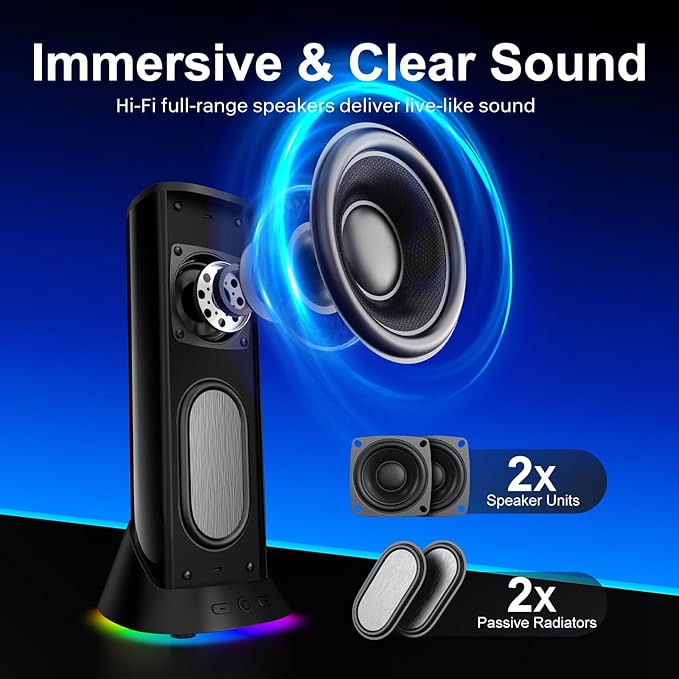 Nylavee Computer Speakers – Hi-Fi Stereo PC Speakers with 9 LED Lighting Modes, Enhanced Bass and Sound, USB/Type-C Powered and 3.5mm Audio Wired Desktop Speakers for PC, Laptop, Monitor, PS5, Xbox