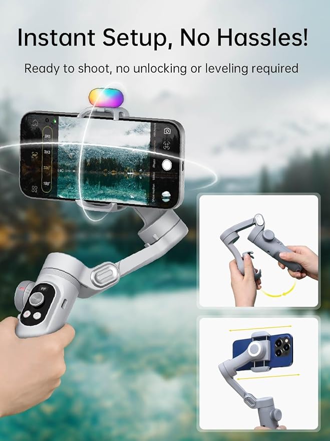 iPhone Gimbal, 3-Axis Gimbal Stabilizer for Smartphone w/RGB Magnetic Fill Light Portable with Fous/Zoom Wheel for Vlog, Compatible with iPhone 15 Pro Max/Android-Smart X Pro Kit Gray
