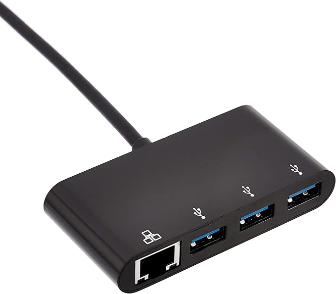 Amazon Basics 4-Port Adapter With 3 USB 3.0 USB-A Ports & 1 RJ45 Gigabit Ethernet Port, Black
