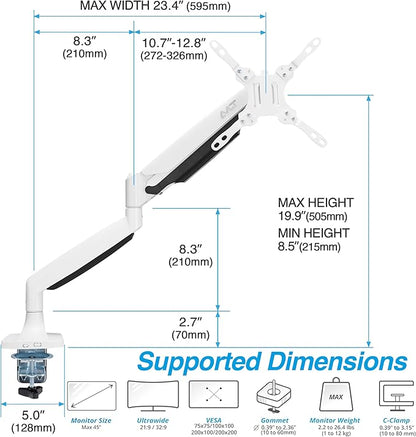 AVLT Single 17"-45" Monitor Arm Desk Mount Premium Mechanical Spring fits One Flat/Curved/Ultrawide Monitor Full Motion Height Swivel Tilt Rotation Adjustable, White