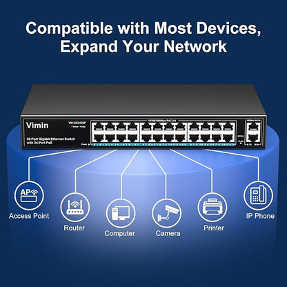 24 Port Gigabit PoE Switch with 2 Uplink Gigabit Ports, VIMIN 26 Port Unmanaged PoE Ethernet Switch with 320W Power, Support IEEE802.3af/at, VLAN, Metal Housing, 19 inch Rack-Mount, Plug and Play