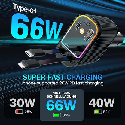 Car Charger with Starlight, 66W USB C Fast Car Charger Adapter, 4 in 1 Retractable Car Chargers with 2 USB Ports for iPhone 15/14/13/12/11 and for Android (Dark Black)