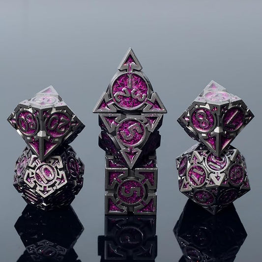 Purple Black Nickel Finish Heavy Metal DND Dice Set (Warlock) with A Metal Box, Sharp Edge Zinc Alloy D&D Accessories, D4-D20, Designed for Dungeons & Dragons Master, RPG Player, Starter
