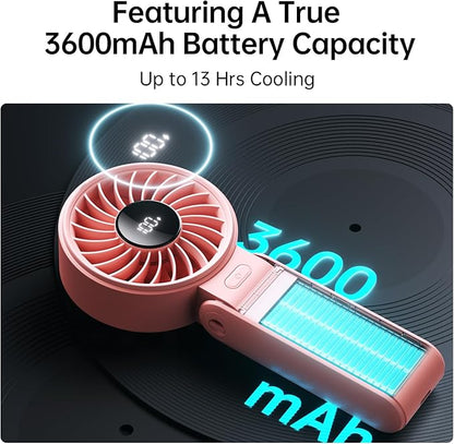 JISULIFE Handheld Fan Life7 – Ultimate Flexibility: High-Power Motor, LED Display, 13 Hrs Cooling, 3600mAh Rechargeable, 5-Speed, Foldable Design, 3-IN-1 Portable Fan for Travel Cruise Beach(Pink)