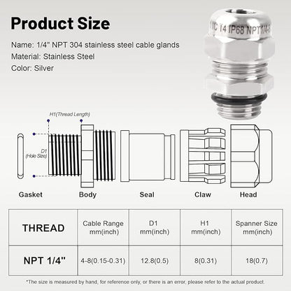 NPT 1/4" Stainless Steel Waterproof Cable Gland IP68 Waterproof Cable Gland Adjustable 4-8mm Cable Gland Protectors - 2 Pcs