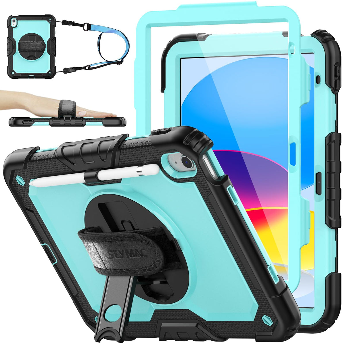 SEYMAC stock Case for iPad (A16) 11th/10th Generation 11''/10.9'' 2025/2022, Full-Body Drop Protection Case with Screen Protector &360° Rotate Hand Strap/Stand, Pink+Black