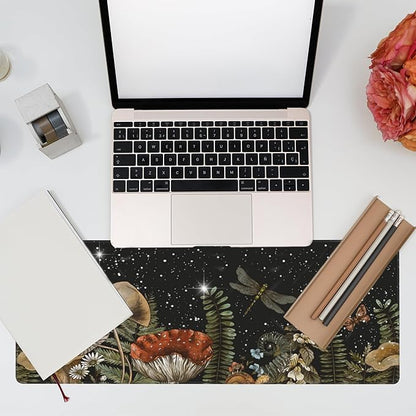 Large Gaming Mouse Pad for Desk,Cute Forest Mushroom Desk Mat,Starry Night Mushroom Desk Pad,Extended Big Computer Keyboard Mouse Pad with Non-Slip Base and Stitched Edge,31.5"x11.8"