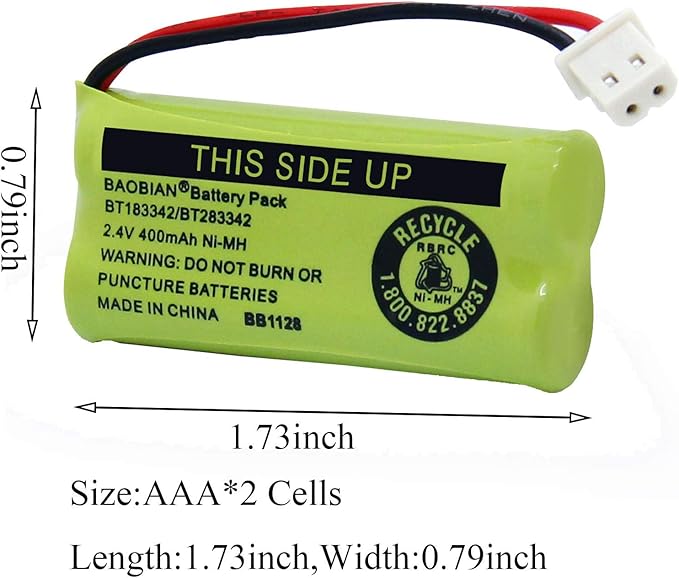 BT183342/BT283342 2.4V 400mAh Ni-MH BT166342/BT266342 BT162342/BT262342 Rechargeable Cordless Phone Battery CS6709 CS6609 CS6509 CS6409 EL52100 EL50003 (2 Pack)