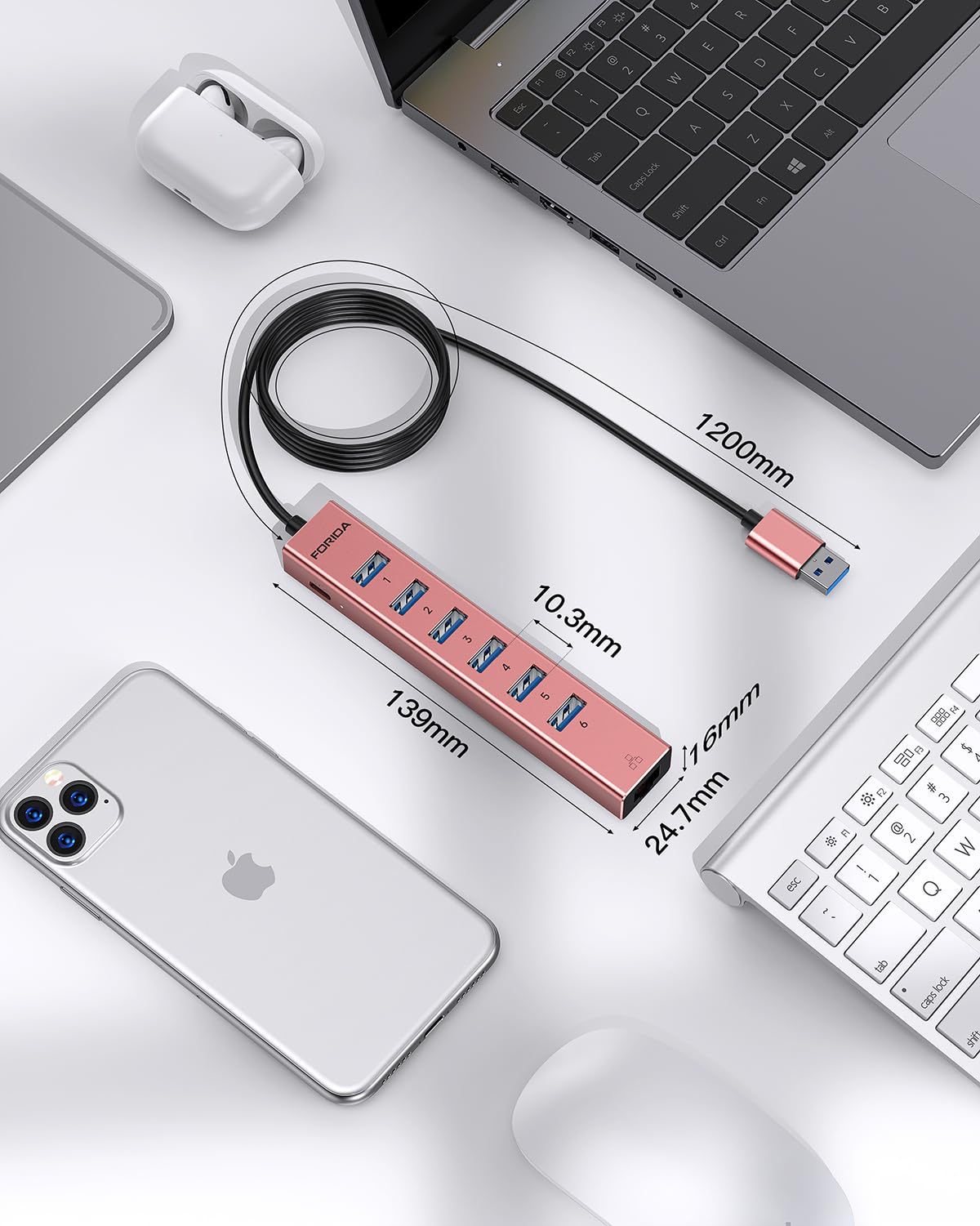 Aluminum USB 3.0 Adapter USB to Ethernet HUB with 120CM Long Cable for Laptop USB Extender with Gigabit Ethernet Port and 5V/3A Power Port 7 Ports USB Hub for iMac PC Flash Drives (Rose Gold)