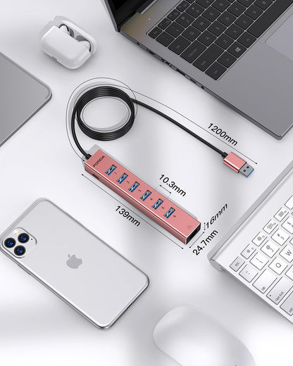 Aluminum USB 3.0 Adapter USB to Ethernet HUB with 120CM Long Cable for Laptop USB Extender with Gigabit Ethernet Port and 5V/3A Power Port 7 Ports USB Hub for iMac PC Flash Drives (Rose Gold)