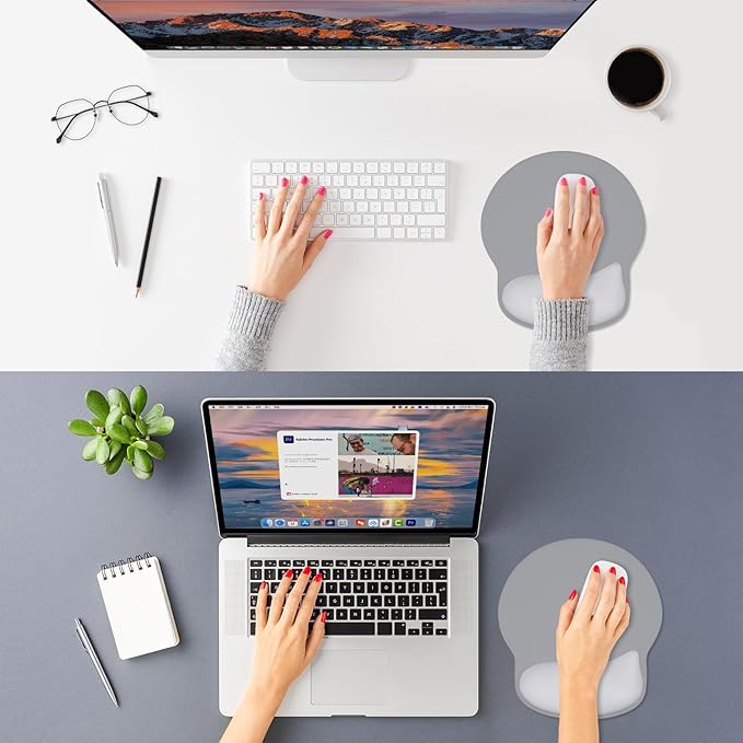 ITNRSIIET Ergonomic Mouse Pad with Wider Memory Foam Wrist Rest +17%, Curved Cushion Reduces Pressure 20%, Pain Relief, Non-Slip, Smooth, Cute Color Desk Accessory, 9.85 x 9 inch, Light Gray Accent