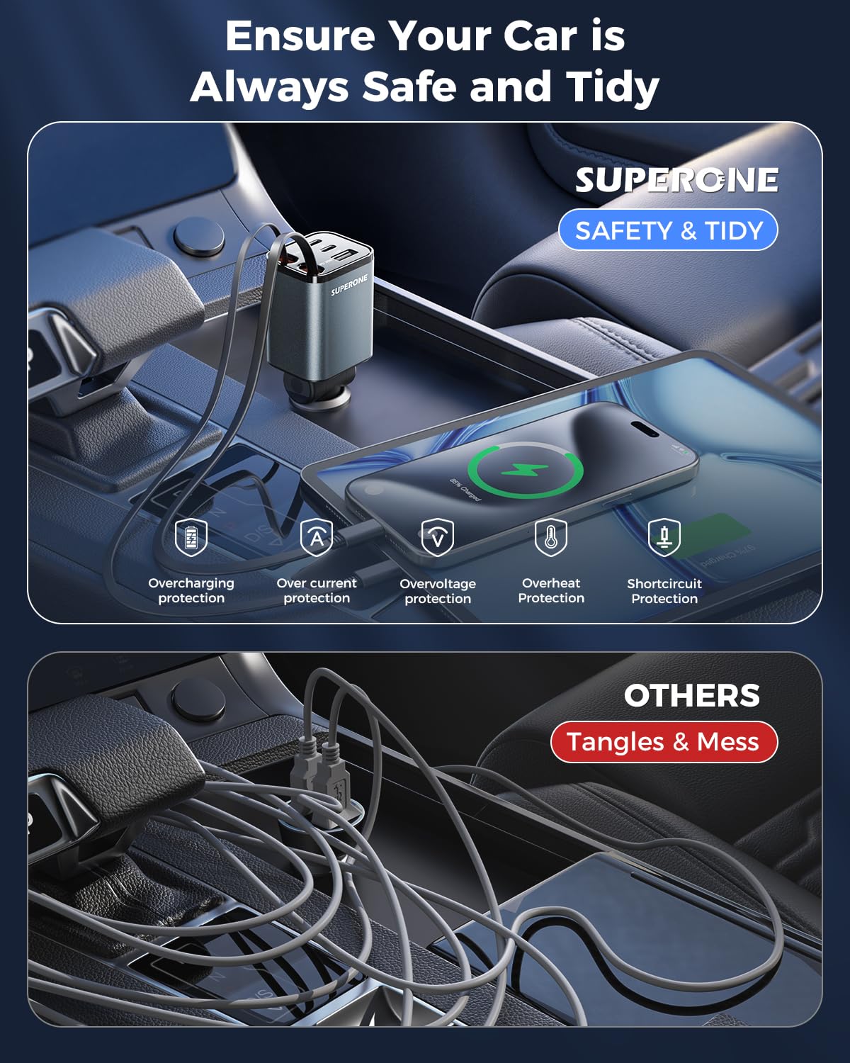 2026 Compact SUPERONE Retractable Car Charger with USB C & Apple Cables