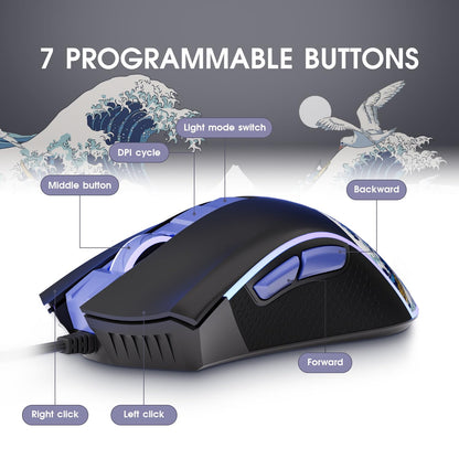 XVX Wired Gaming Mouse, 12000 DPI RGB Mouse with 12 Backlit Modes & 7 Macro Buttons, PC Gaming Mice Support DIY Keybinding, Gamer Computer Mice for Laptop PC Mac Windows, Kanagawa